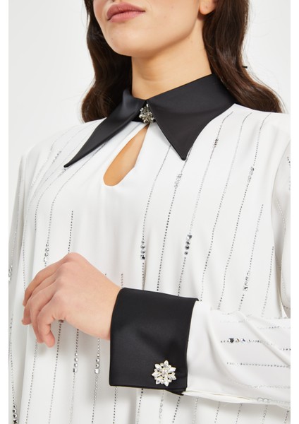 Kadın Taş Detaylı Uzun Elbise – Kontrast Yaka ve Manşetli, Düz Kesim fırsatları