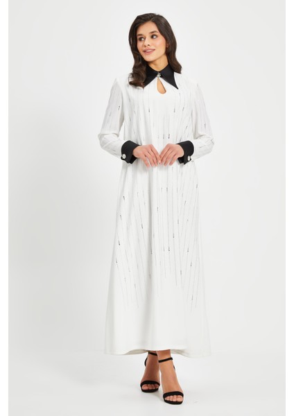 Kadın Taş Detaylı Uzun Elbise – Kontrast Yaka ve Manşetli, Düz Kesim indirimleri