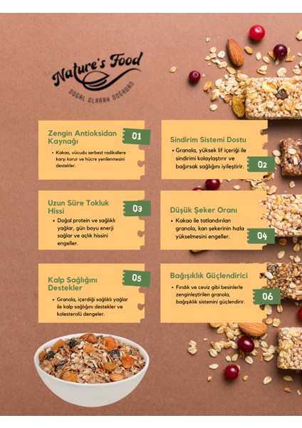 Kakaolu Granola 300GR Katkısız Koruyucusuz 1. Kalite Ürünlerden Hazırlanmış Doğal Içerik.