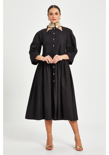Kadın Düğmeli Midi Elbise – Özel Yaka Detaylı, Geniş Kol fiyatları