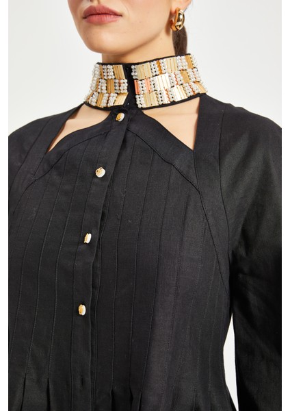 Kadın Düğmeli Midi Elbise – Özel Yaka Detaylı, Geniş Kol fırsatları