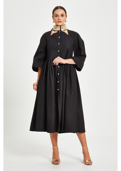Kadın Düğmeli Midi Elbise – Özel Yaka Detaylı, Geniş Kol indirimleri