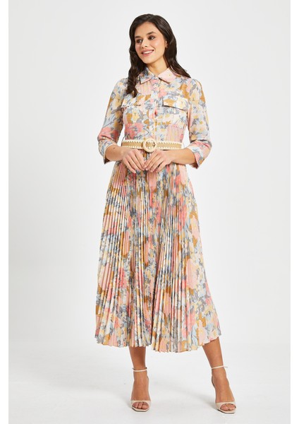 Kadın Çiçek Desenli Pliseli Gömlek Elbise – Kemerli, 3/4 Kol, Astarlı