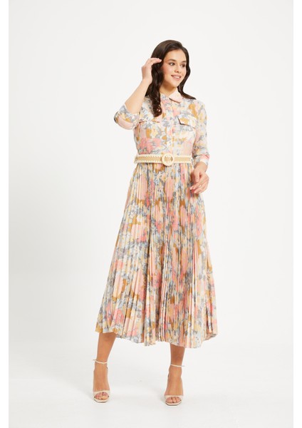 Kadın Çiçek Desenli Pliseli Gömlek Elbise – Kemerli, 3/4 Kol, Astarlı fiyatları