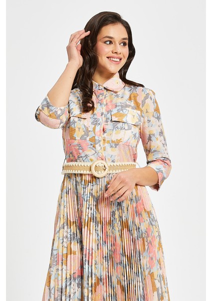 Kadın Çiçek Desenli Pliseli Gömlek Elbise – Kemerli, 3/4 Kol, Astarlı modelleri