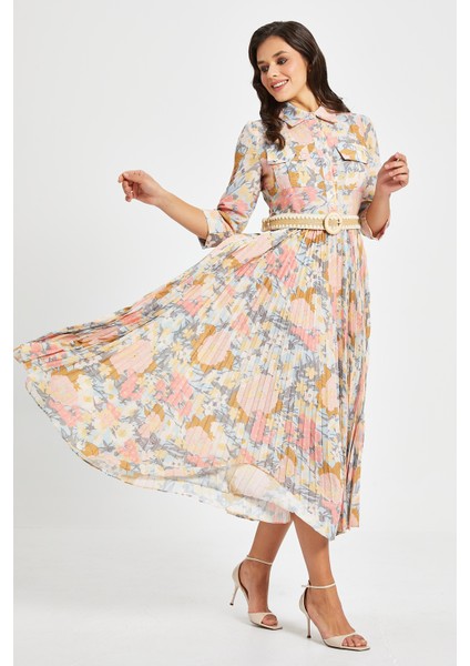 Kadın Çiçek Desenli Pliseli Gömlek Elbise – Kemerli, 3/4 Kol, Astarlı fırsatları