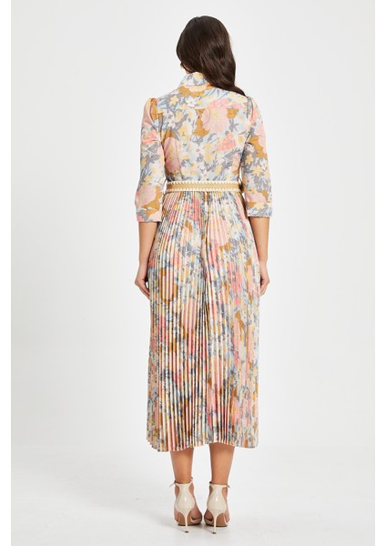 Kadın Çiçek Desenli Pliseli Gömlek Elbise – Kemerli, 3/4 Kol, Astarlı indirimleri