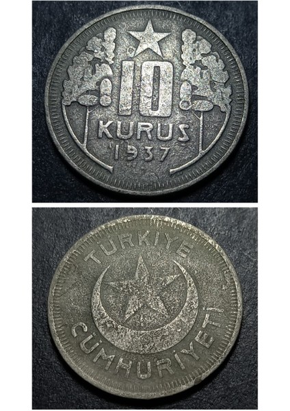 3996368168AB91ED5E 1937 Temiz/çt 10KURUŞ Madeni Para %75 Bakır ve %25 Nikel
