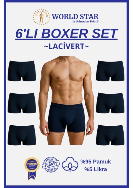 6'lı Lacivert Düz Renk Erkek Boxer – Pamuklu ve Likralı