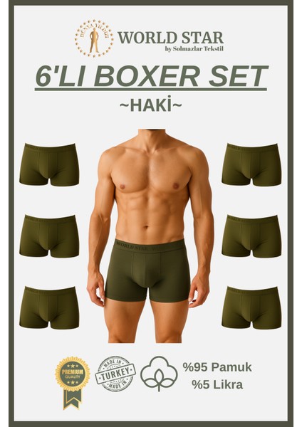 6'lı Haki Düz Renk Erkek Boxer – Pamuklu ve Likralı