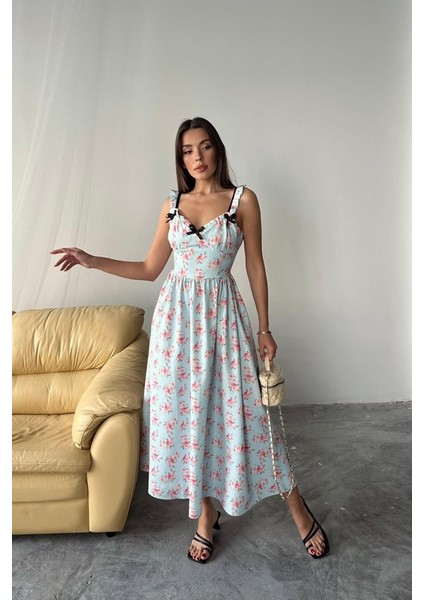 Bebe Mavi Önü Fiyonklu Çiçekli Elbise