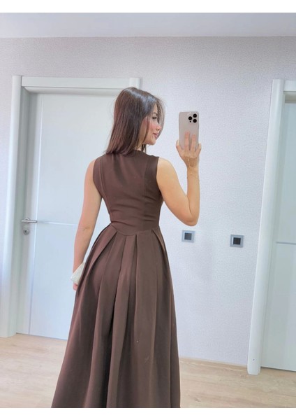 V Yaka Uzun Kolsuz Elbise- Kahverengi modelleri