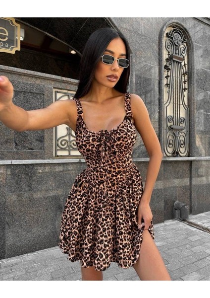 Kadın Dalgıç Kumaş Önden Bağlamalı Leopar Desenli Elbise