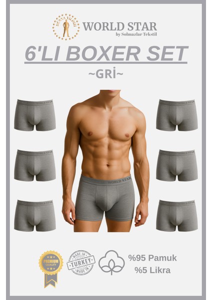 6'lı Gri Düz Renk Erkek Boxer – Pamuklu ve Likralı