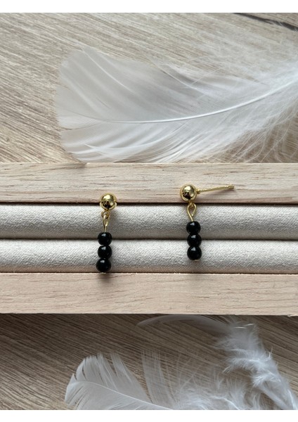 Minimal Siyah Akik Taşı Altın Kaplama Top Küpe
