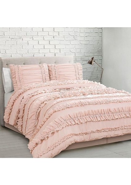 Pembe Fırfırlı Nevresim Takımı Çift Kişilik Pamuk Saten