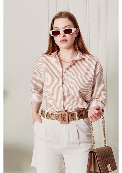 Çizgili Oversize Kadın Gömlek modelleri