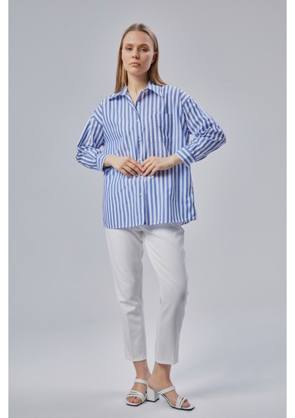 Çizgili Oversize Kadın Gömlek