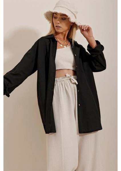 Kadın Keten Kumaş Oversize Gömlek