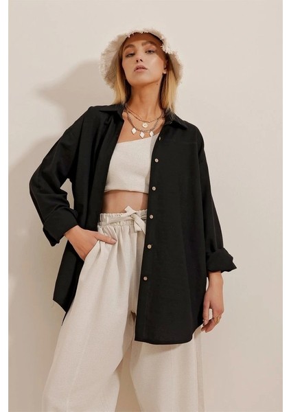 Kadın Keten Kumaş Oversize Gömlek