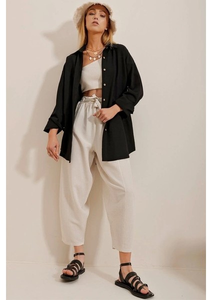 Kadın Keten Kumaş Oversize Gömlek