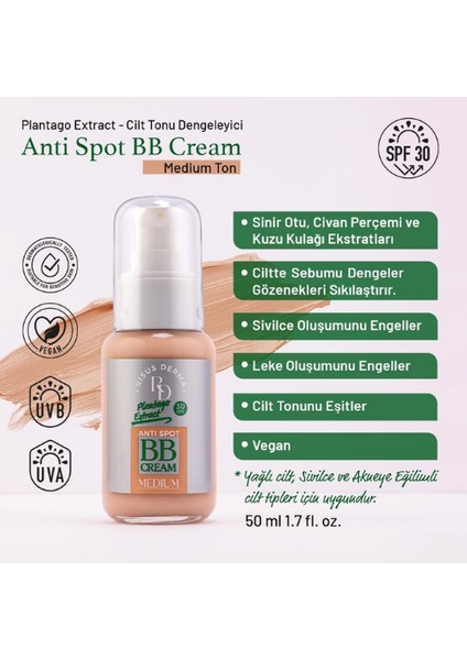 Anti Spot BB Krem Light - Vegan , Yağlı Ciltlerde Akne Karşıtı, Gözenekleri Sıkılaştırır, SPF 30 fiyatları