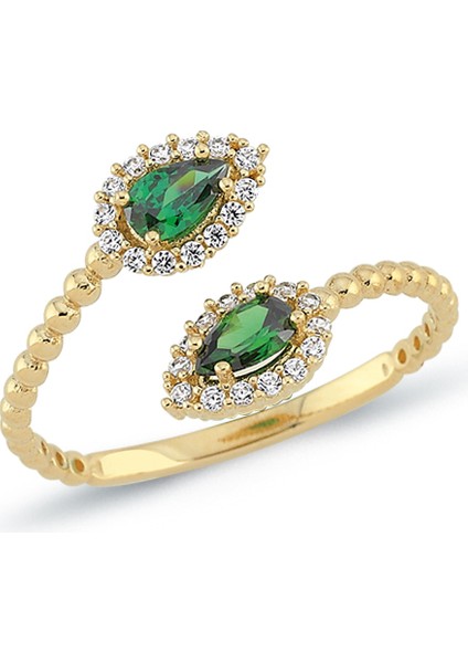 14 Ayar Altın İkili Zümrüt Damla Yüzük