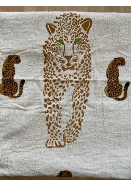 Ham Pamuk Kumaş Kahverengi Leopar Design El Baskılı Peştamal
