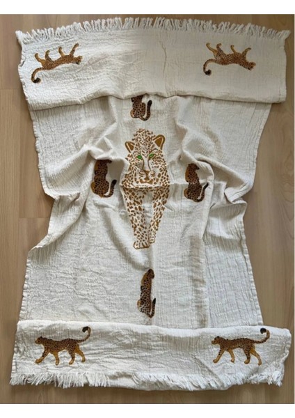 Ham Pamuk Kumaş Kahverengi Leopar Design El Baskılı Peştamal