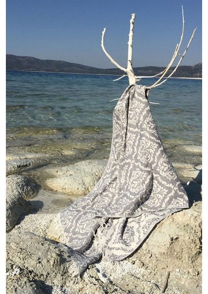 Gri Barok Desenli Peştamal - 90X170 cm - %100 Pamuk Peştemal Model