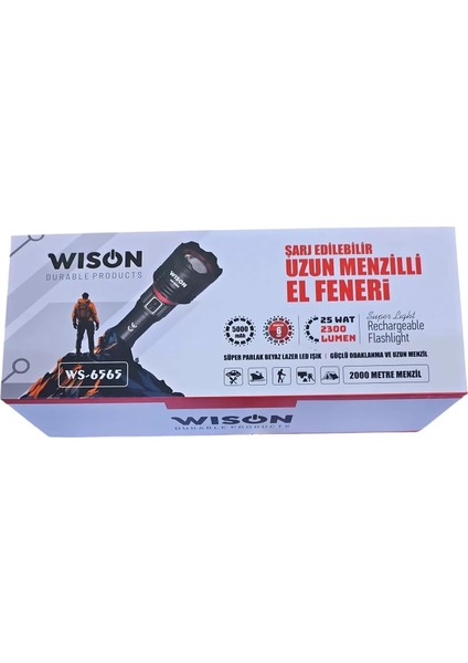 Ws-6565 25 Wat 5000mah 2300 Lümen Şarjlı Uzun Menzilli El Feneri Siyah