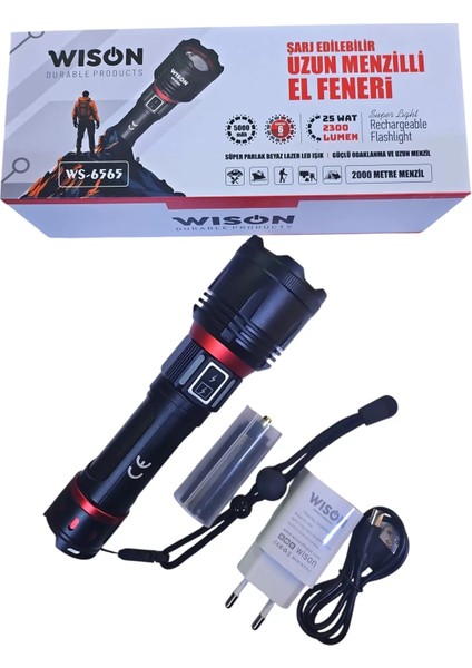 Ws-6565 25 Wat 5000mah 2300 Lümen Şarjlı Uzun Menzilli El Feneri Siyah