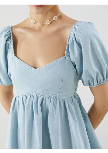 Kalp Yaka Balon Kollu Mini Jean Elbise (S5)