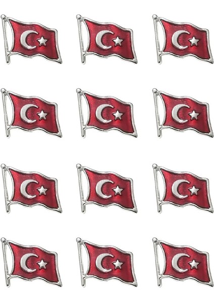Gümüş Renk Dalğalı Türk Bayrağı Metal Yaka Rozeti 1 Paket 12LI