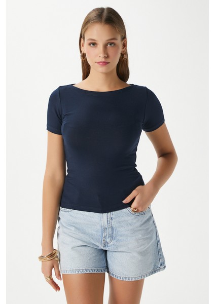 Kadın Velvet Kayık Yaka Lux Touch Yumuşak Doku Kısa Kol Lacivert Bluz