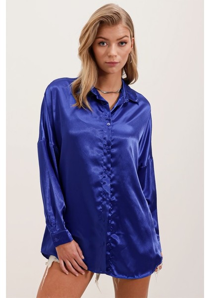 3985 Oversize Saten Gömlek - Saks