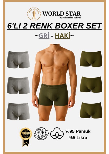 6'lı Düz Renk Erkek Boxer – Gri & Haki – Pamuklu ve Likralı