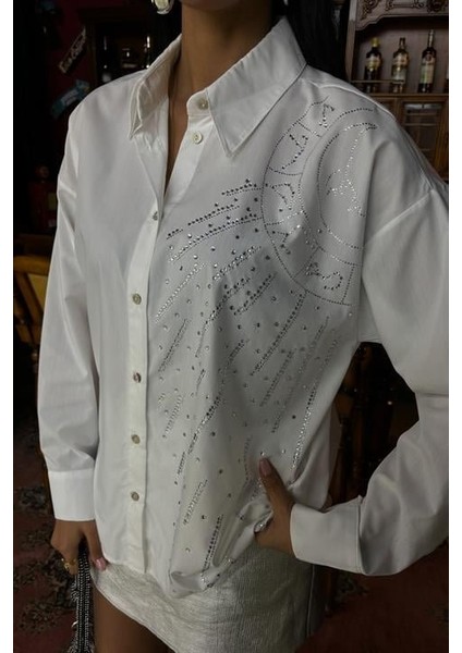 Ay Figürlü Taş Işlemeli Poplin Gömlek 3440