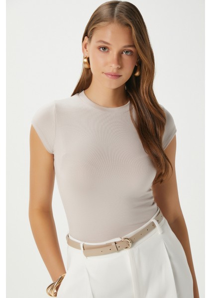 Kadın Inner Lux Touch Yumuşak Doku Bisiklet Yaka Kısa Kol Bej Bluz