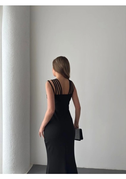 Kadın Omuz Çoklu Askılı Önü Taş Işlemeli Balık Kesim Janjan Krep Maxi Boy Elbise