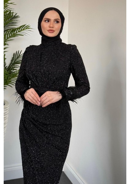 Dina Kuyruklu Taşlı Abiye Siyah
