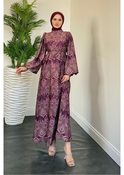 Lilsa Şal Desen Saten Abiye Mürdüm