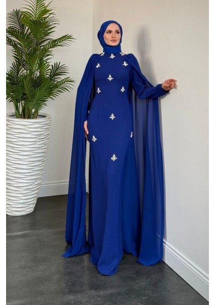 Karel Pelerinli Taşlı Krep Abiye Sax