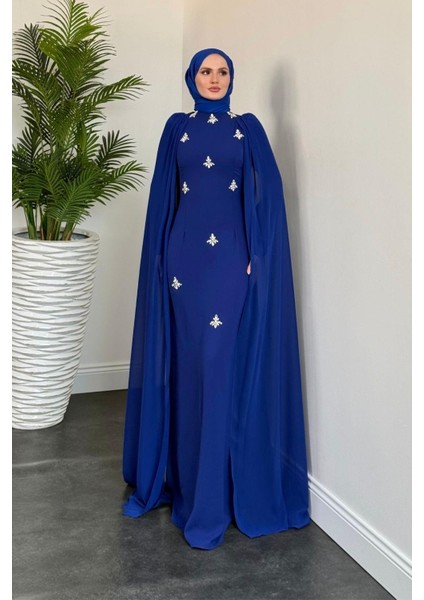 Karel Pelerinli Taşlı Krep Abiye Sax modelleri