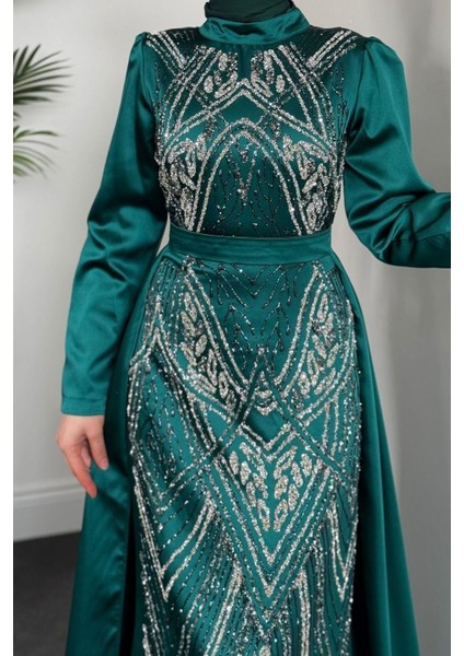 Carmelita Pelerinli Saten Abiye Zümrüt indirimleri