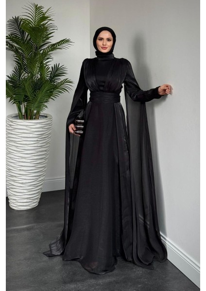 Bierne Pelerinli Janjan Abiye Siyah(KEMERSİZDİR)