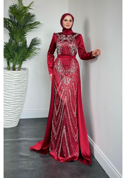 Carmelita Pelerinli Saten Abiye Bordo