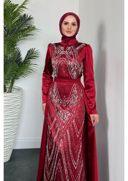 Carmelita Pelerinli Saten Abiye Bordo modelleri