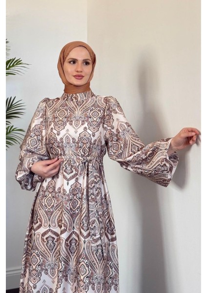 Lilsa Şal Desen Saten Abiye Krem