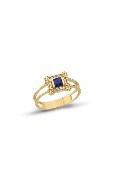 14 Ayar Mavi Baget Taşlı Kare Desenli Altın Yüzük